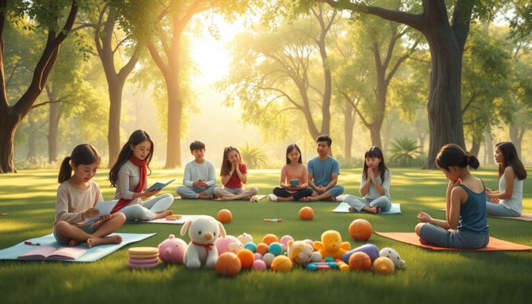 People journaling and doing calming exercises together in a sunlit park